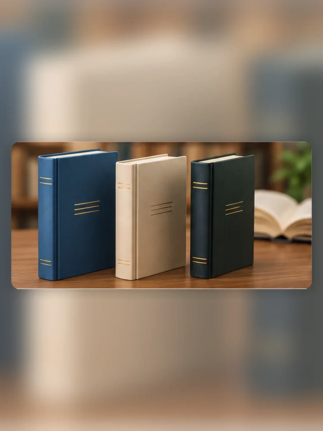 Três edições genéricas de um livro sobre uma mesa de leitura