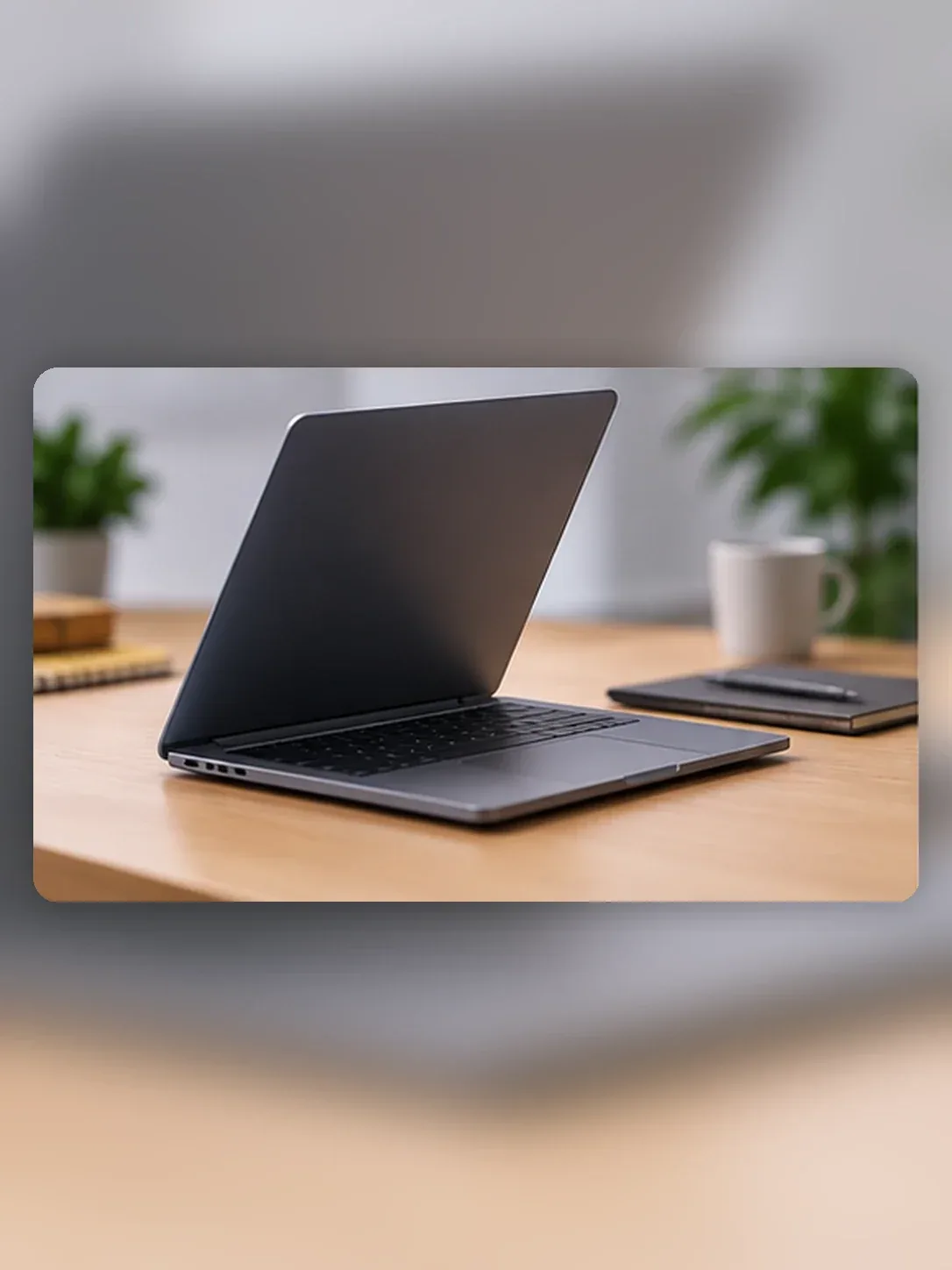 Notebook sem marca ao lado de componentes genéricos de memória, SSD e cabo USB-C